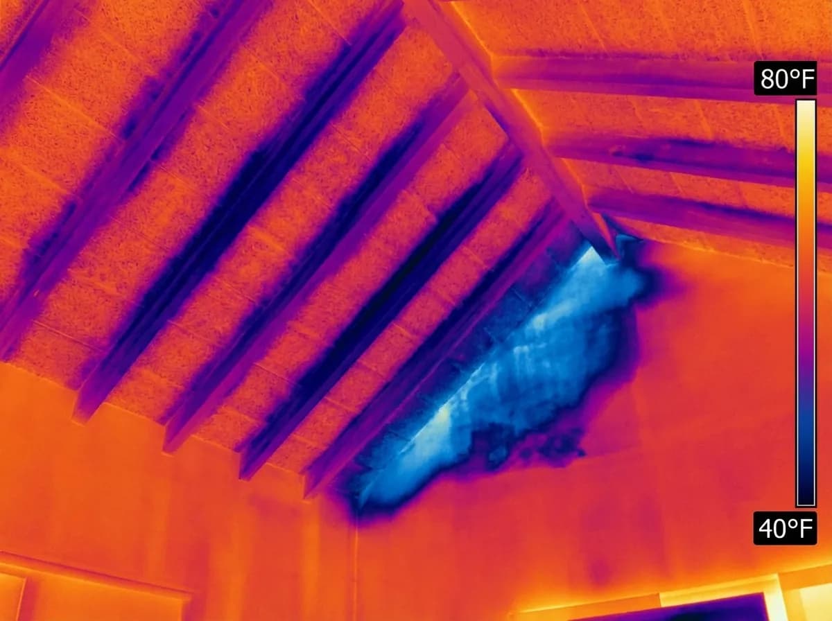 Same vaulted ceiling under thermal imaging revealing large moisture intrusion area in blue