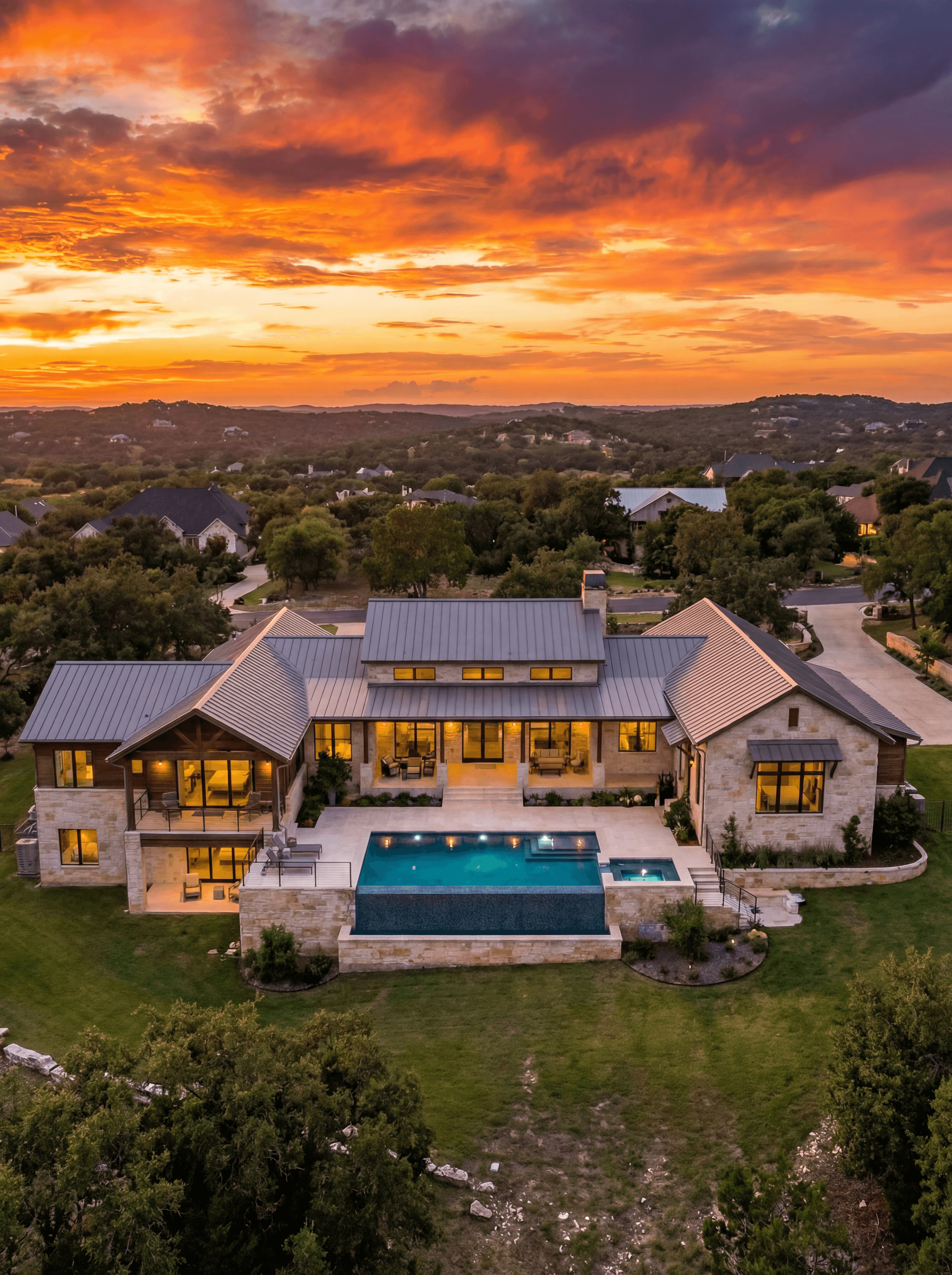 Beautiful Texas Hill Country estate at sunset